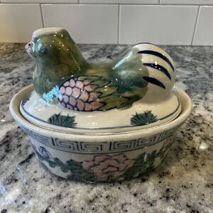 Vintage Asian Style Ceramic Hen on Nest Oval Trinket box dish